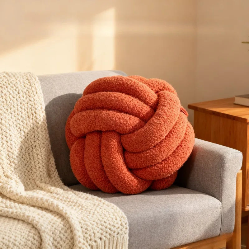 Hand-Knotted Lamb Pillow | Braided Spherical Cushion with Plush Fleece for Sofa and Bed