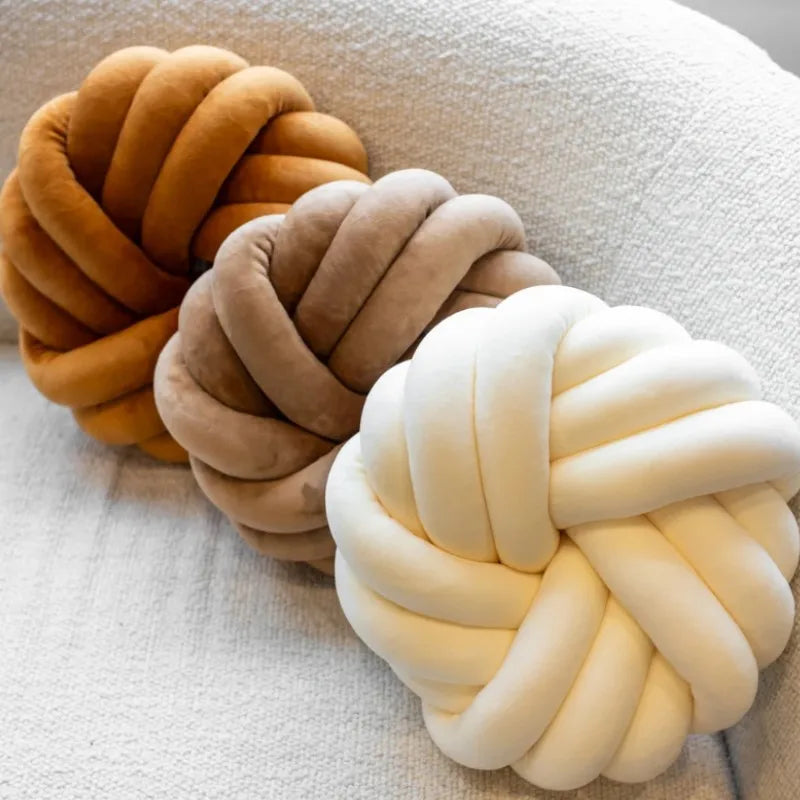 Cream Coffee Knot Pillow Ball Large Decorative Throw Pillows Velvet Round Knotted Pillow for Home Bed Room Couch Decor Office